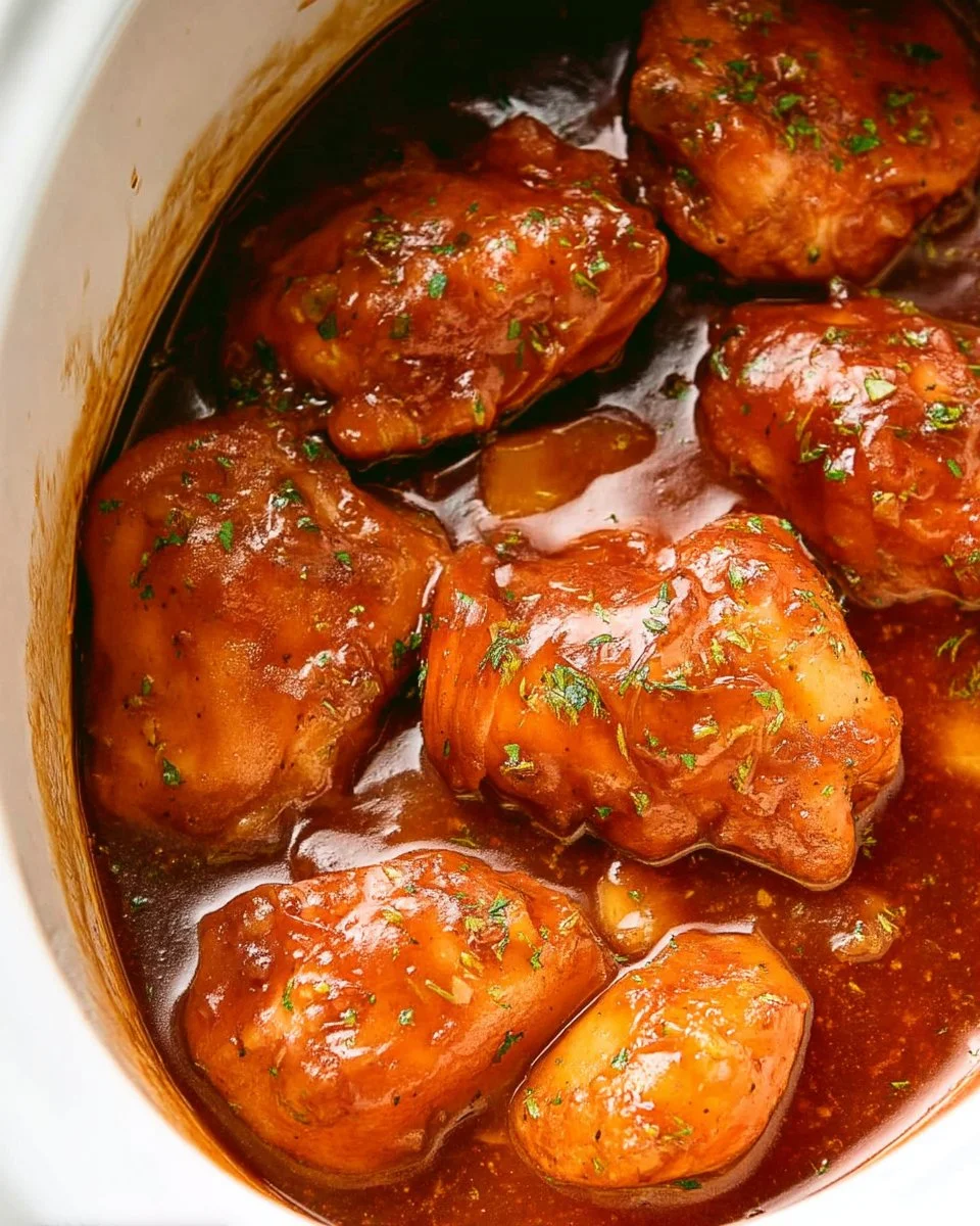 Crockpot Apricot Chicken garnished with herbs and served on a plate