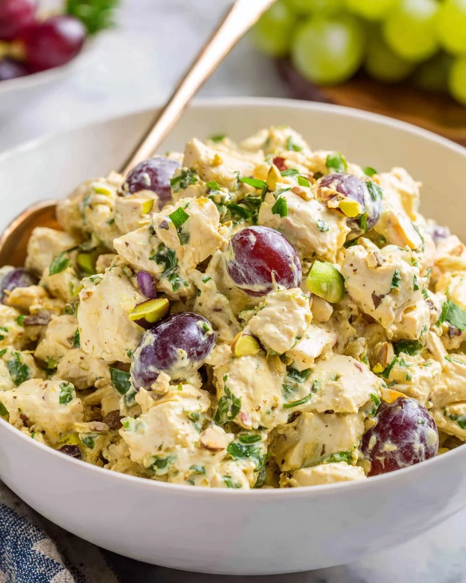 Curry Chicken Salad with Grapes served in a bowl, showcasing colorful ingredients.