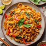 Plate of flavorful drunken noodles with vegetables and spices