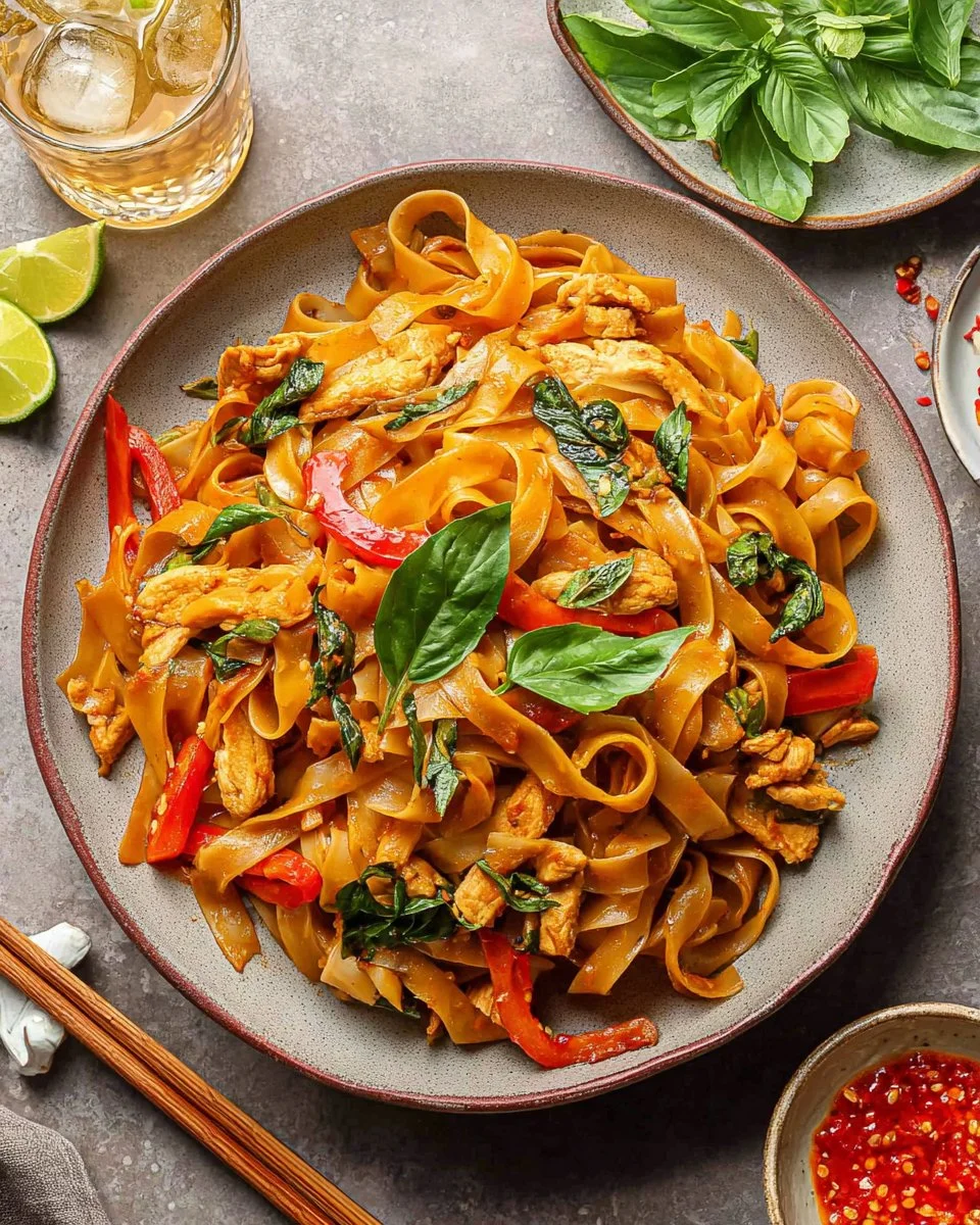 Plate of flavorful drunken noodles with vegetables and spices