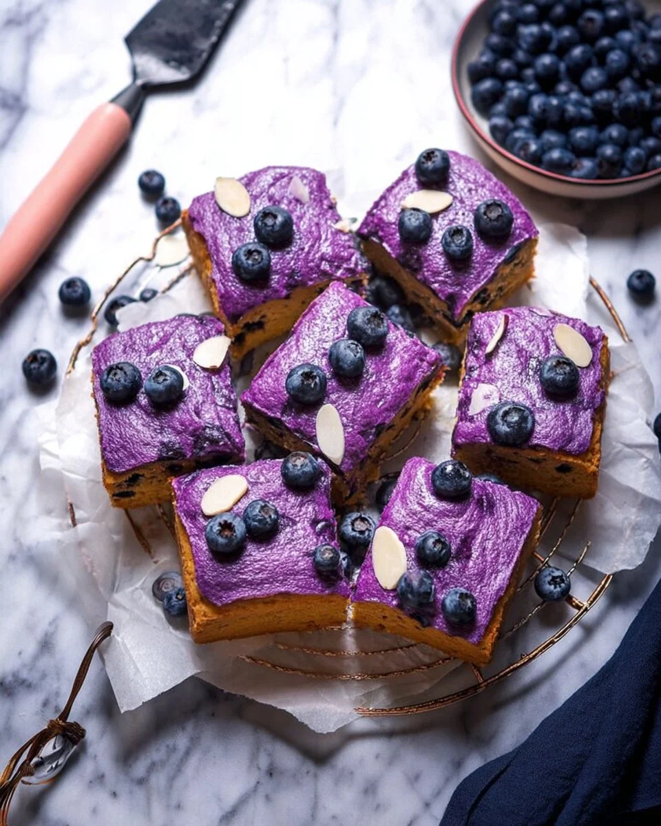 Slice of easy blueberry almond cake topped with fresh blueberries and almonds
