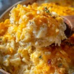 Easy Cheesy Potatoes dish topped with melted cheese and herbs