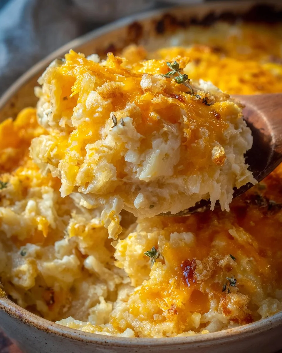 Easy Cheesy Potatoes dish topped with melted cheese and herbs
