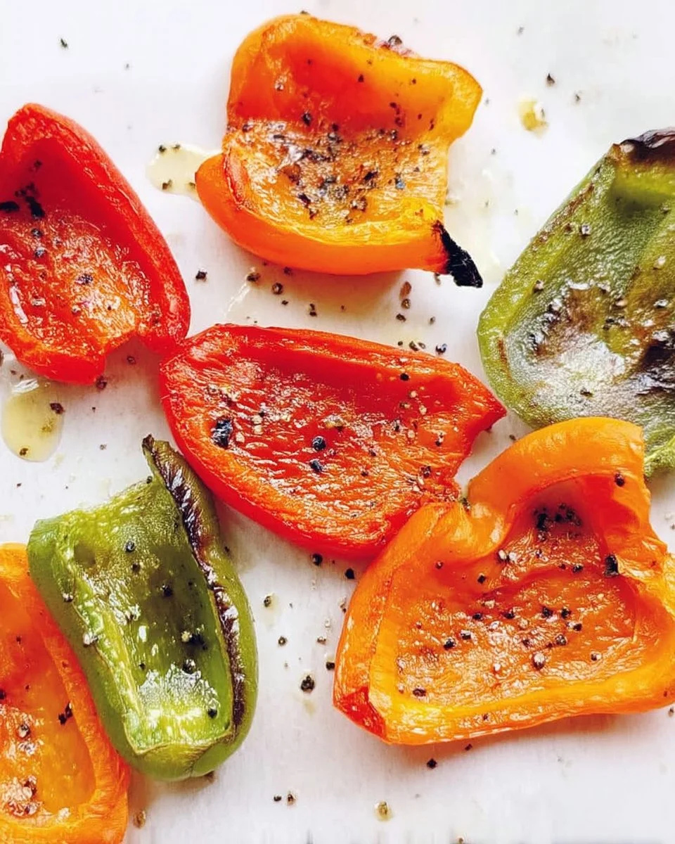 Colorful roasted peppers on a wooden cutting board ready for serving