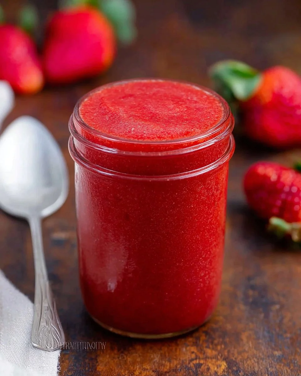 Delicious homemade easy strawberry sauce in a glass bowl