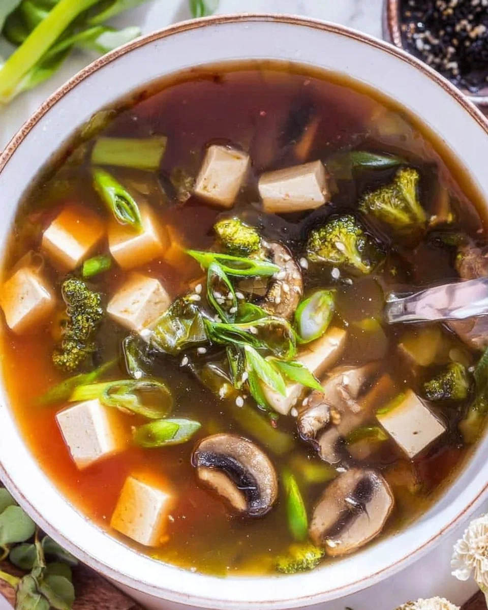 Bowl of easy tofu soup with vegetables and herbs, perfect for a healthy meal.