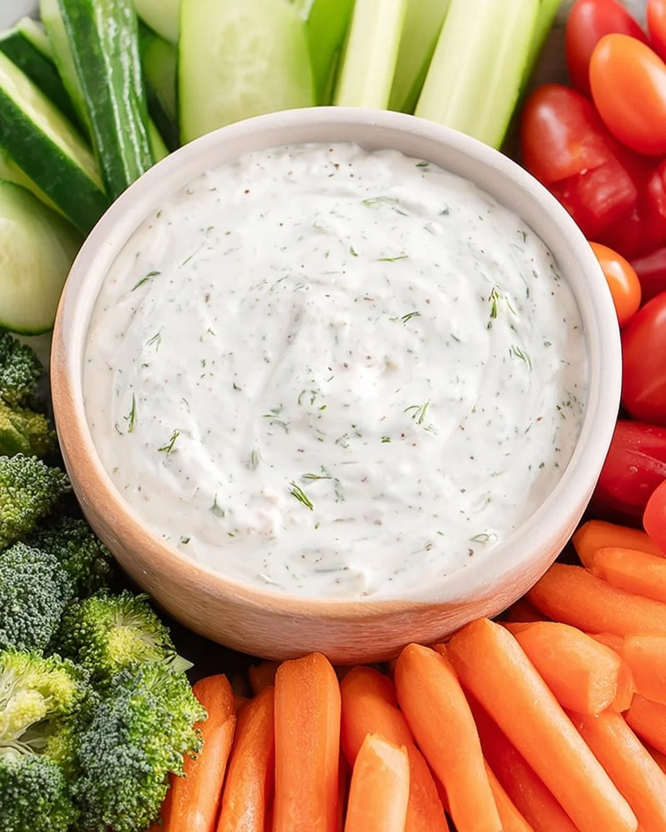 Creamy veggie dip served with fresh vegetables for a healthy snack.