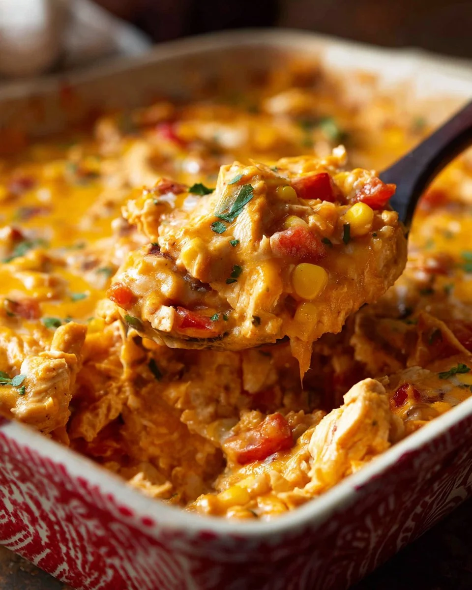 Fiesta Chicken Casserole topped with cheese and colorful peppers in a baking dish