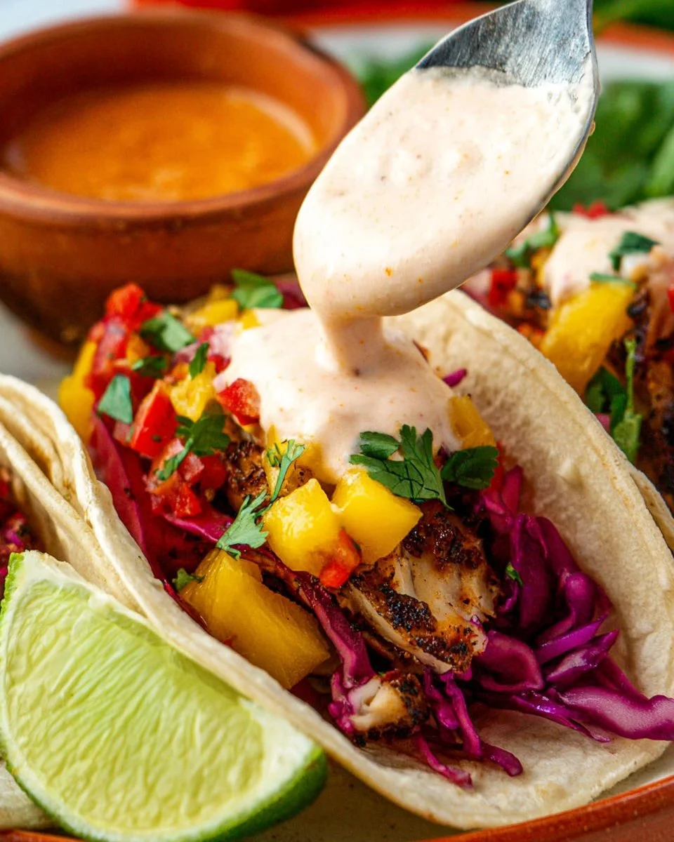 Creamy fish taco sauce served on fresh tacos