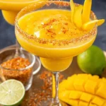 Delicious frozen mango margarita served in a glass with lime garnish.