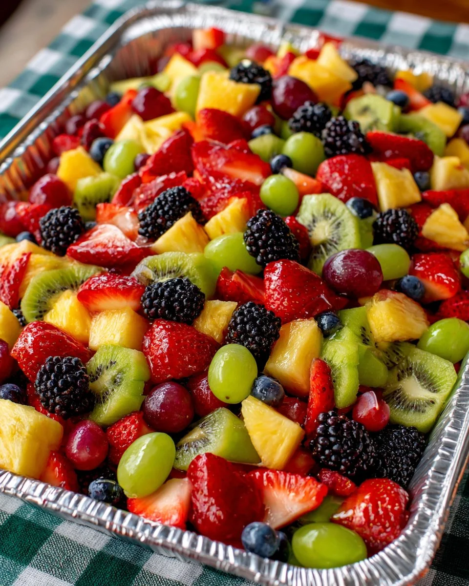 A large bowl of vibrant fruit salad made for a crowd at a summer gathering