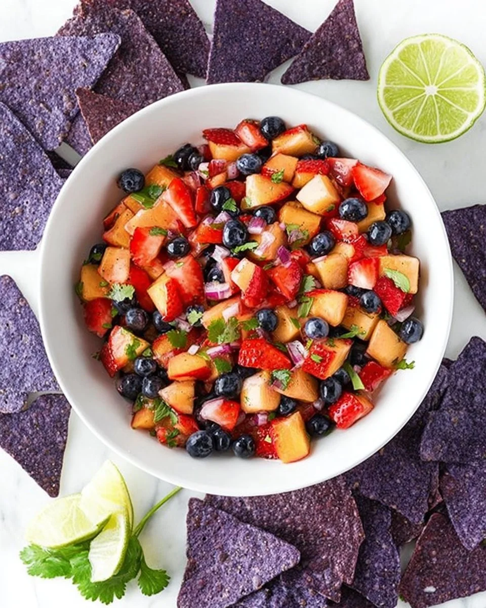 Fresh fruit salsa with colorful fruits and mint, perfect for dipping or topping.