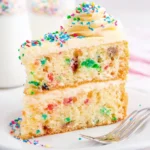 Colorful Funfetti Cake made with box cake mix, decorated with sprinkles.
