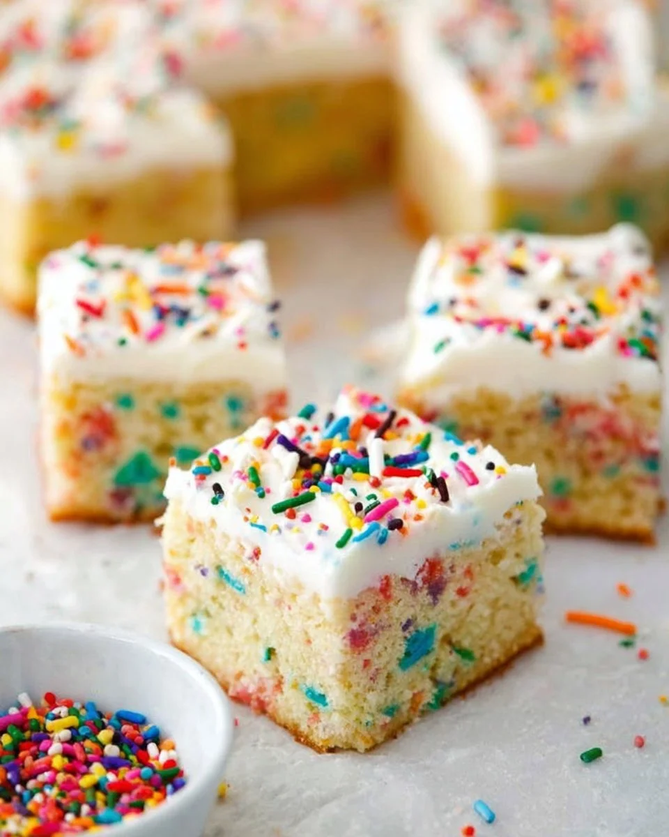 Delicious Funfetti Sheet Cake topped with colorful sprinkles and frosting