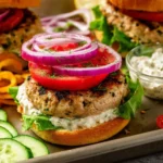 Delicious Greek Turkey Burger topped with feta, olives, and fresh veggies
