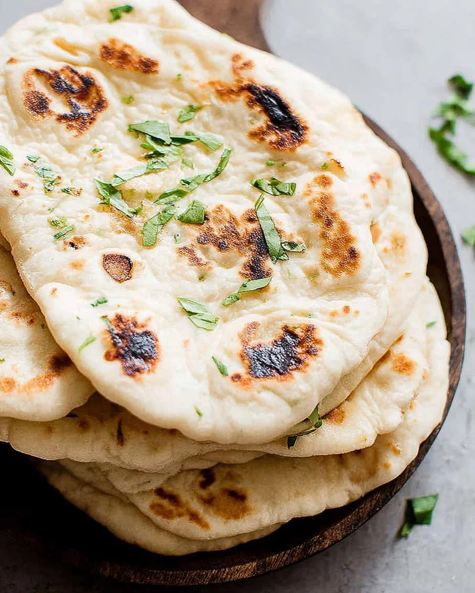 Delicious Greek yogurt naan bread served warm with herbs and spices