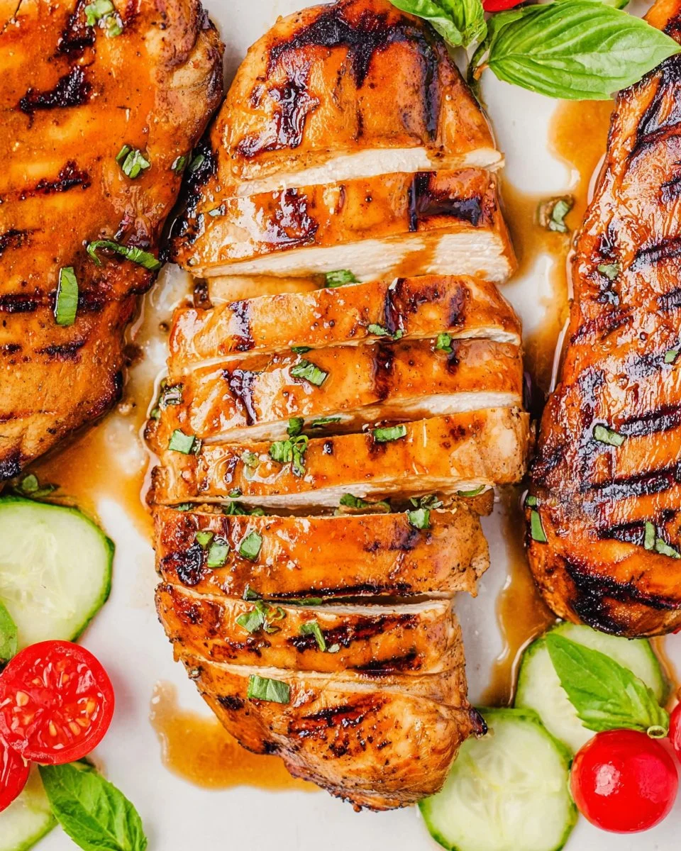 Grilled balsamic chicken served on a plate with fresh herbs and vegetables.