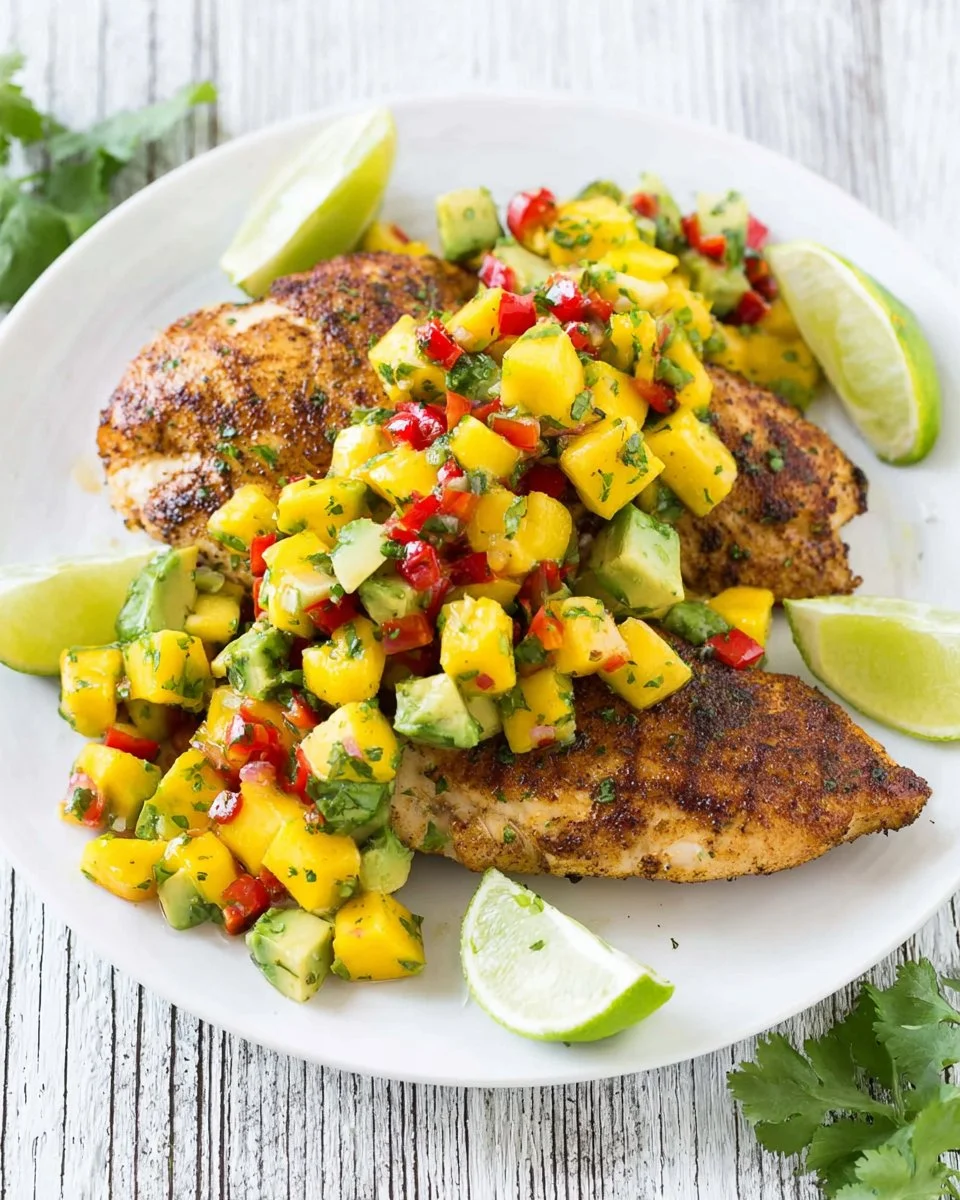Grilled chicken topped with mango avocado salsa served on a plate