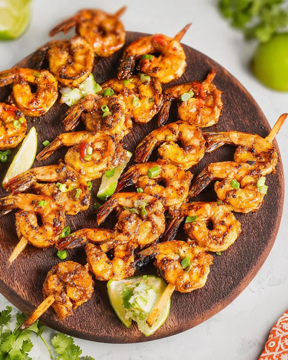 Grilled jerk shrimp seasoned with spices and herbs on a barbecue grill
