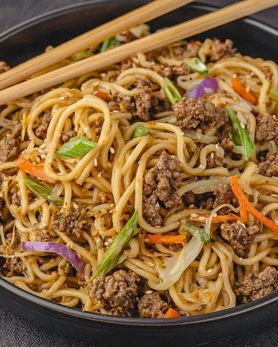 Delicious Ground Beef Chow Mein dish served in a bowl, perfect for busy families.