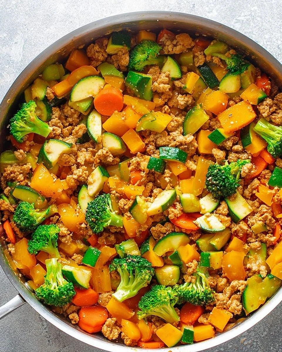Healthy ground turkey stir fry with colorful vegetables