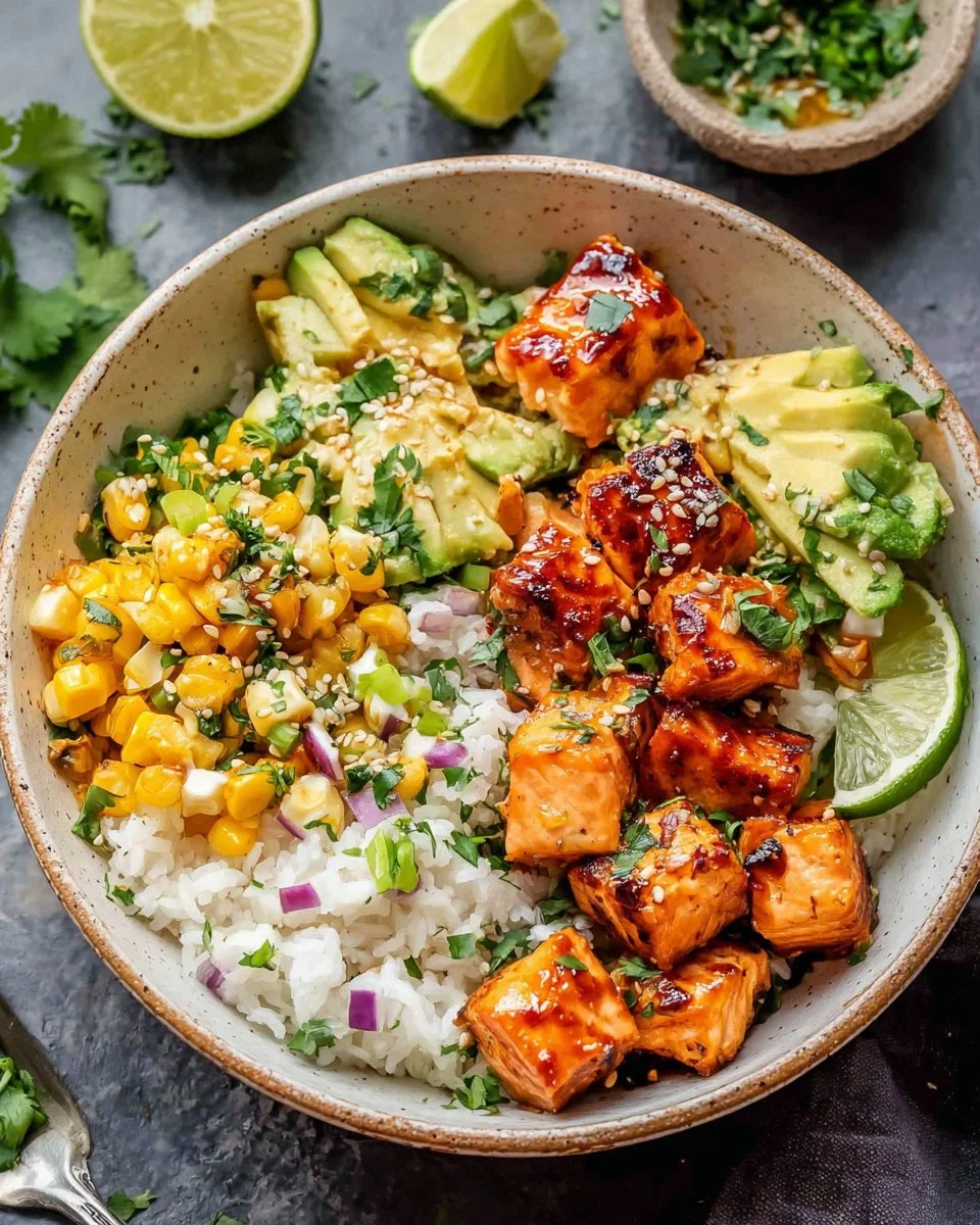 Honey Chipotle Salmon Bowl with fresh vegetables and grains
