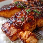 A beautifully plated Honey Sriracha Salmon garnished with sesame seeds and green onions.