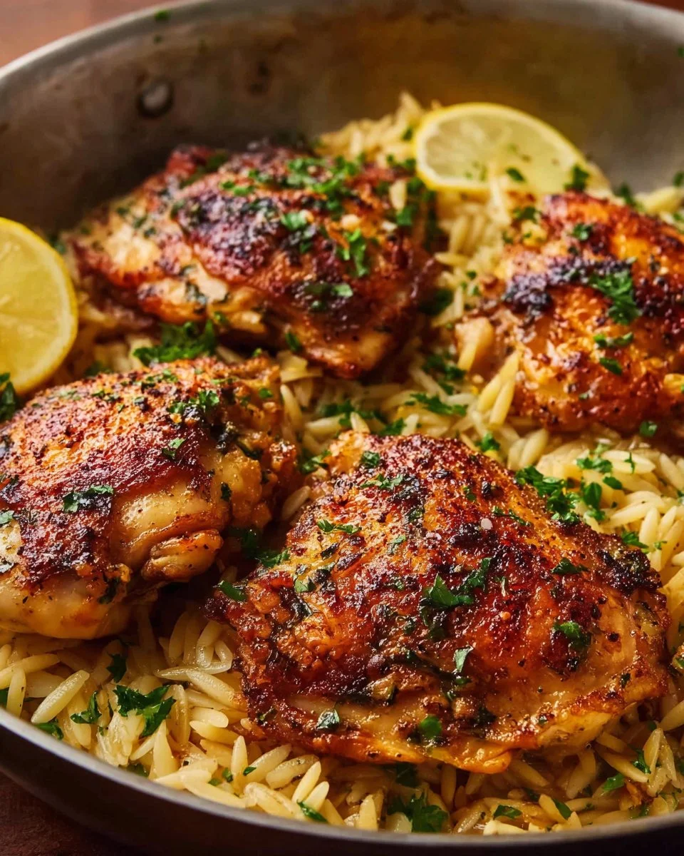 Ina Garten's crispy chicken served with lemon orzo for dinner.