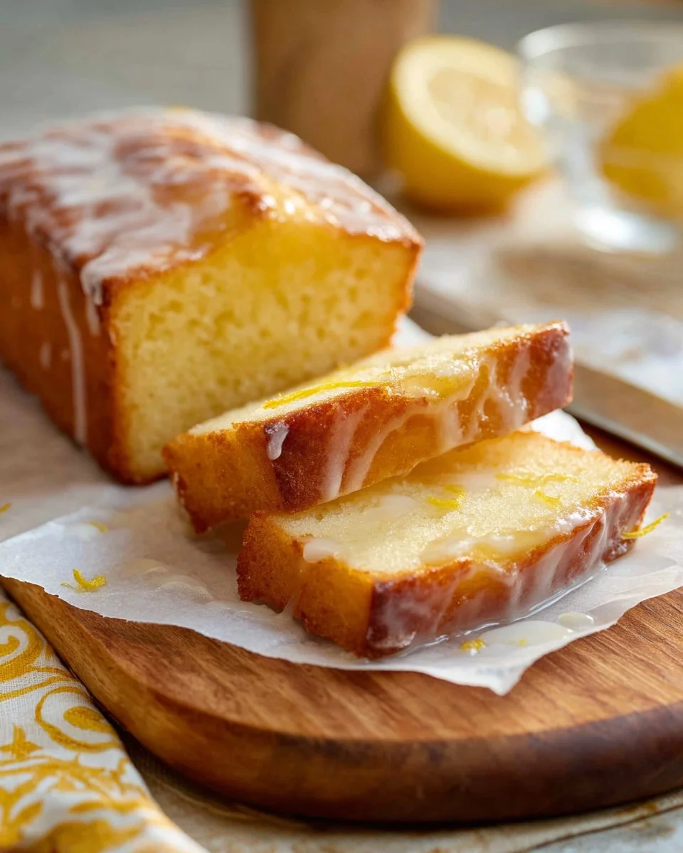 Slice of Ina Garten's lemon yogurt cake with fresh lemon garnish