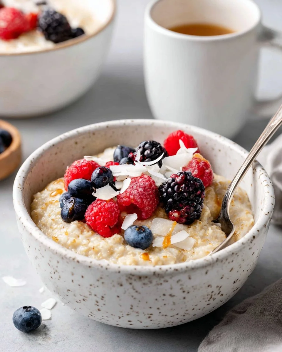 Instant Pot steel cut oats in a bowl topped with fruits and nuts