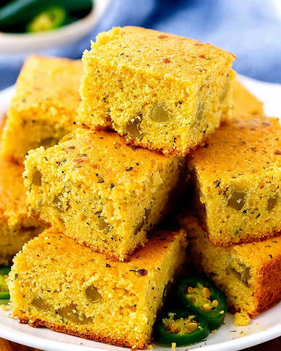 Freshly baked Jalapeño Cornbread with jalapeño slices on top.