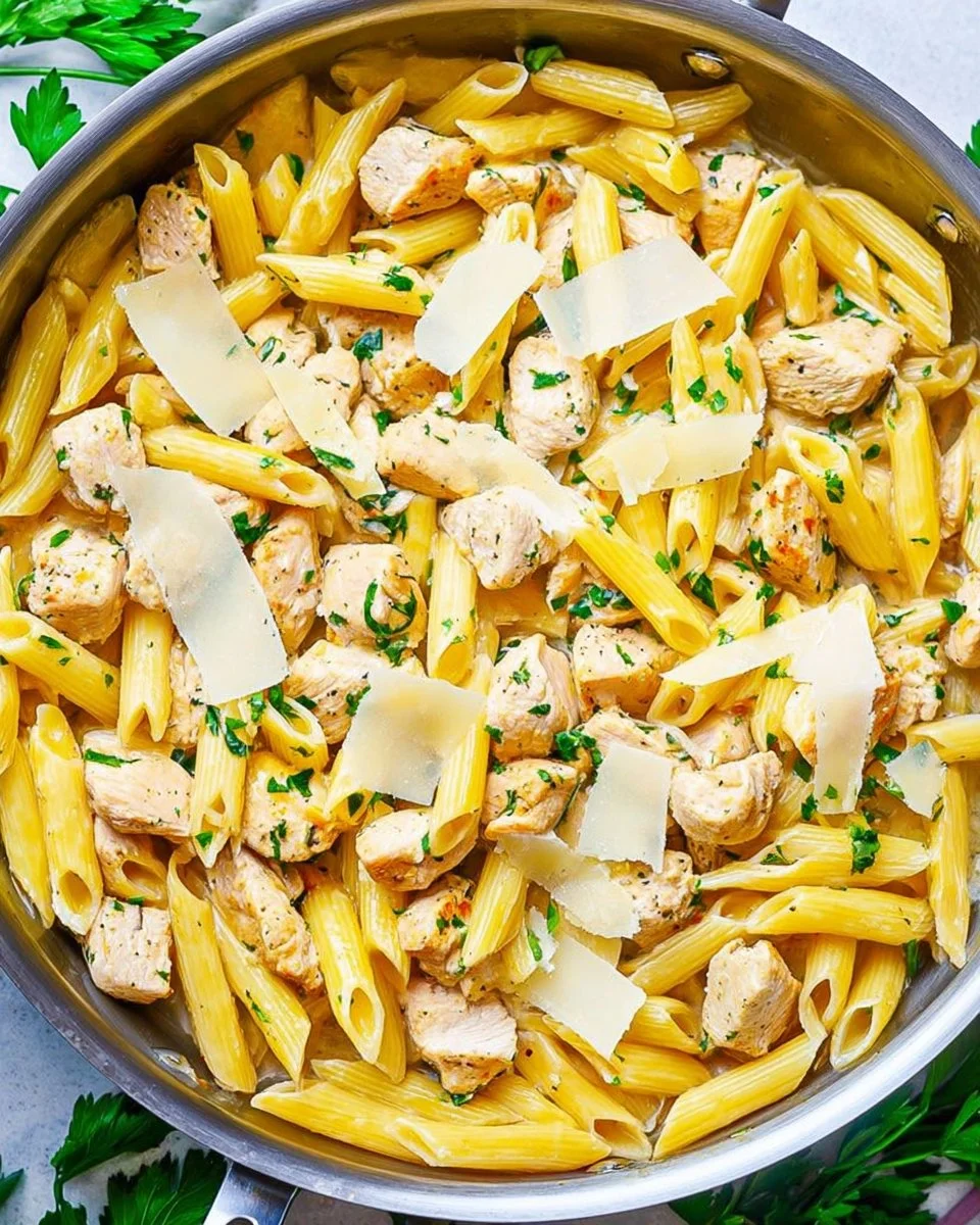 Plate of Lemon Butter Garlic Chicken Pasta garnished with parsley and lemon slices.
