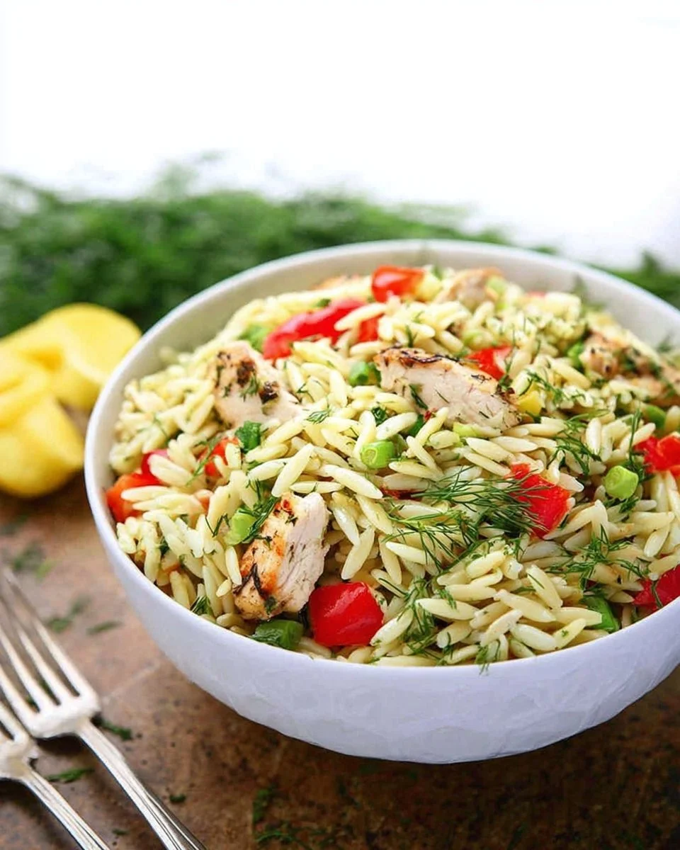 Lemon Dill Chicken served with Orzo Pasta Salad garnished with fresh herbs