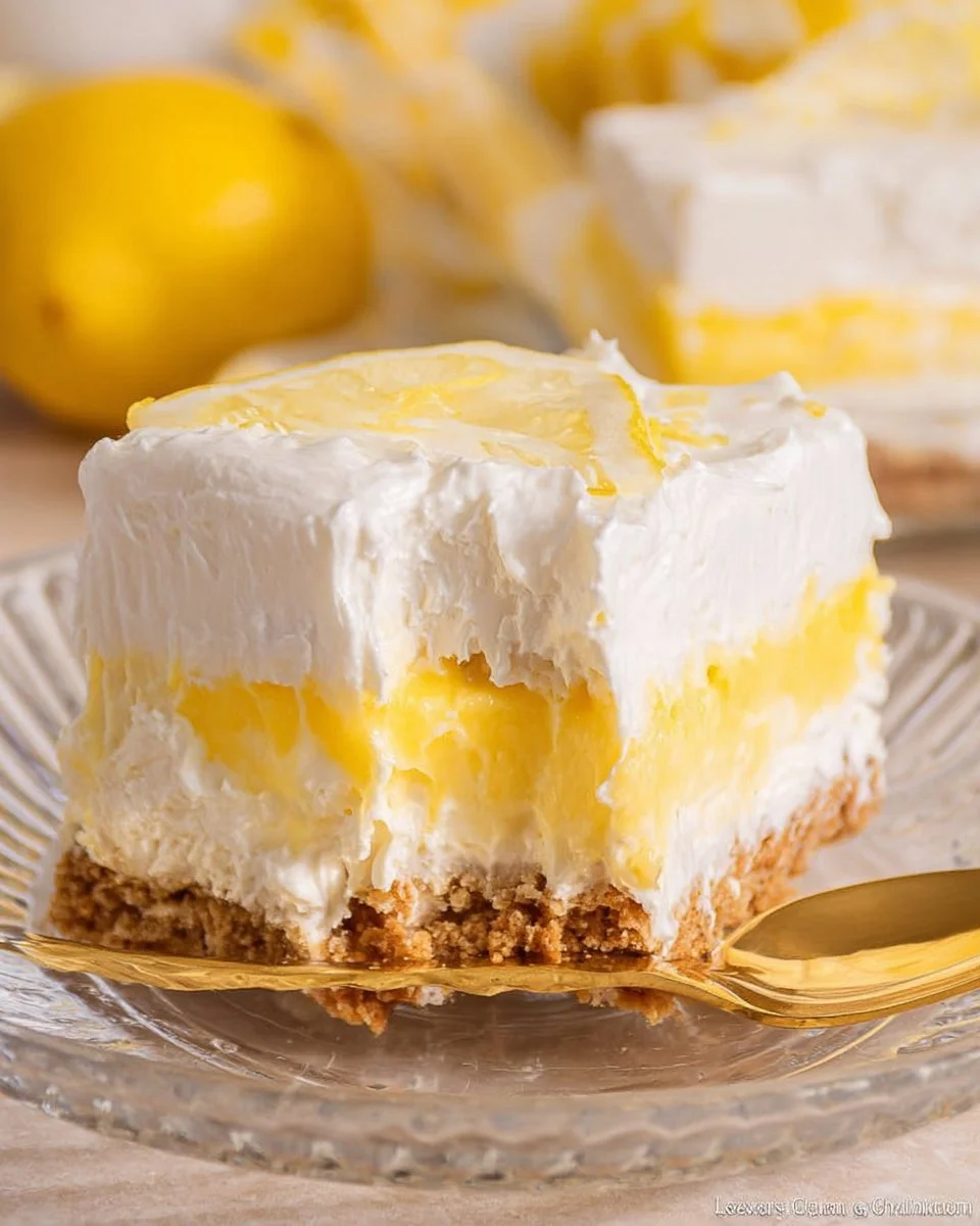 Delicious slice of Lemon Lush dessert with lemon filling and creamy topping.