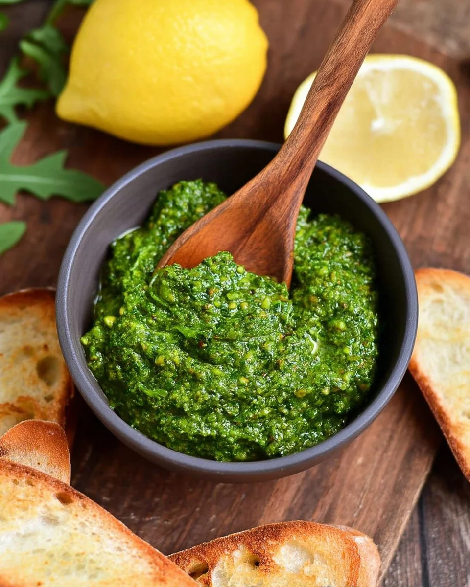 Lemon Pistachio Arugula Pesto served in a bowl with fresh ingredients