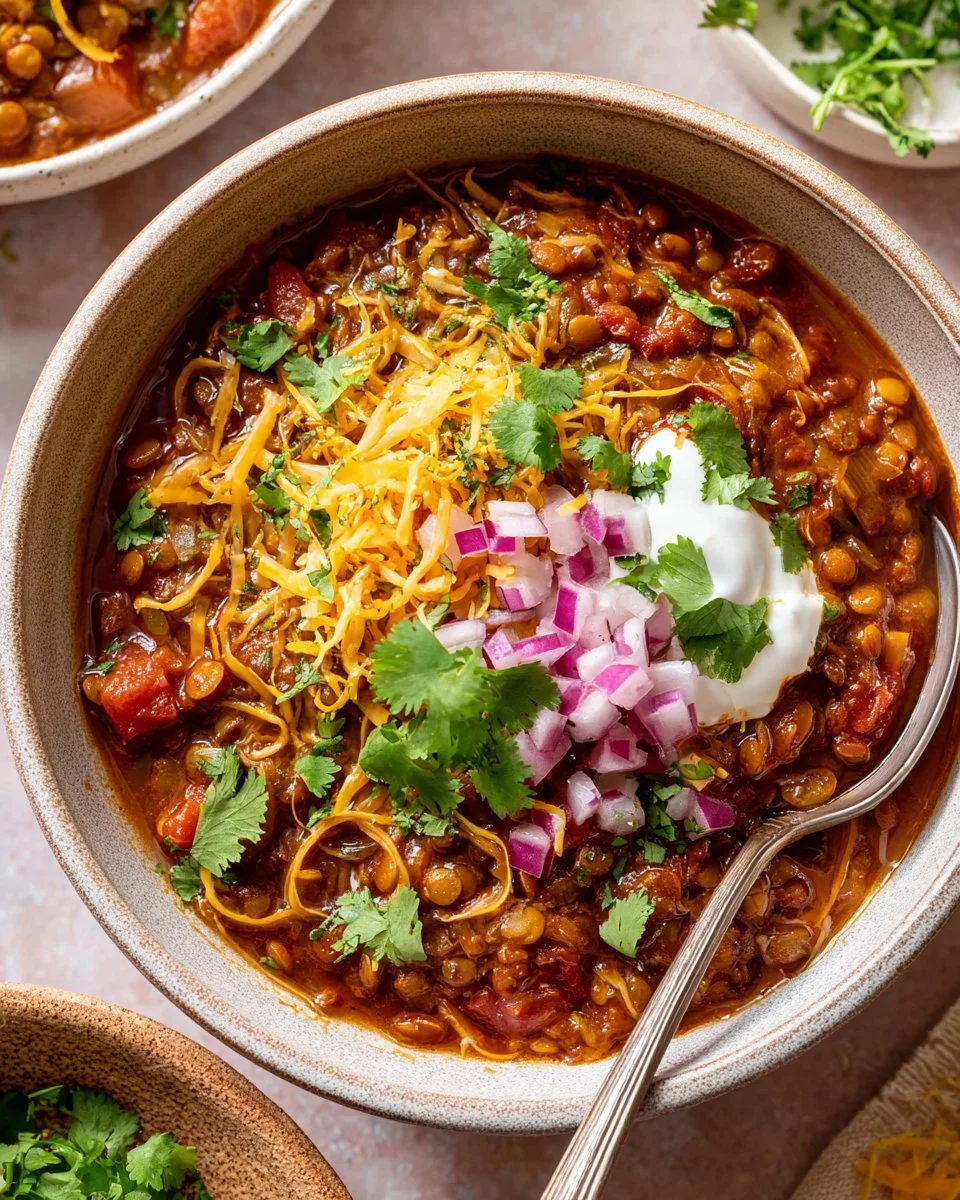 Bowl of Cincinnati Style Lentil Chili topped with green onions and cheese
