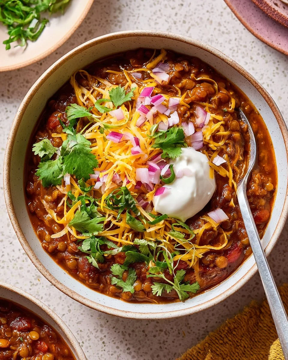 Bowl of Cincinnati-style Lentil Chili topped with onions and cheese