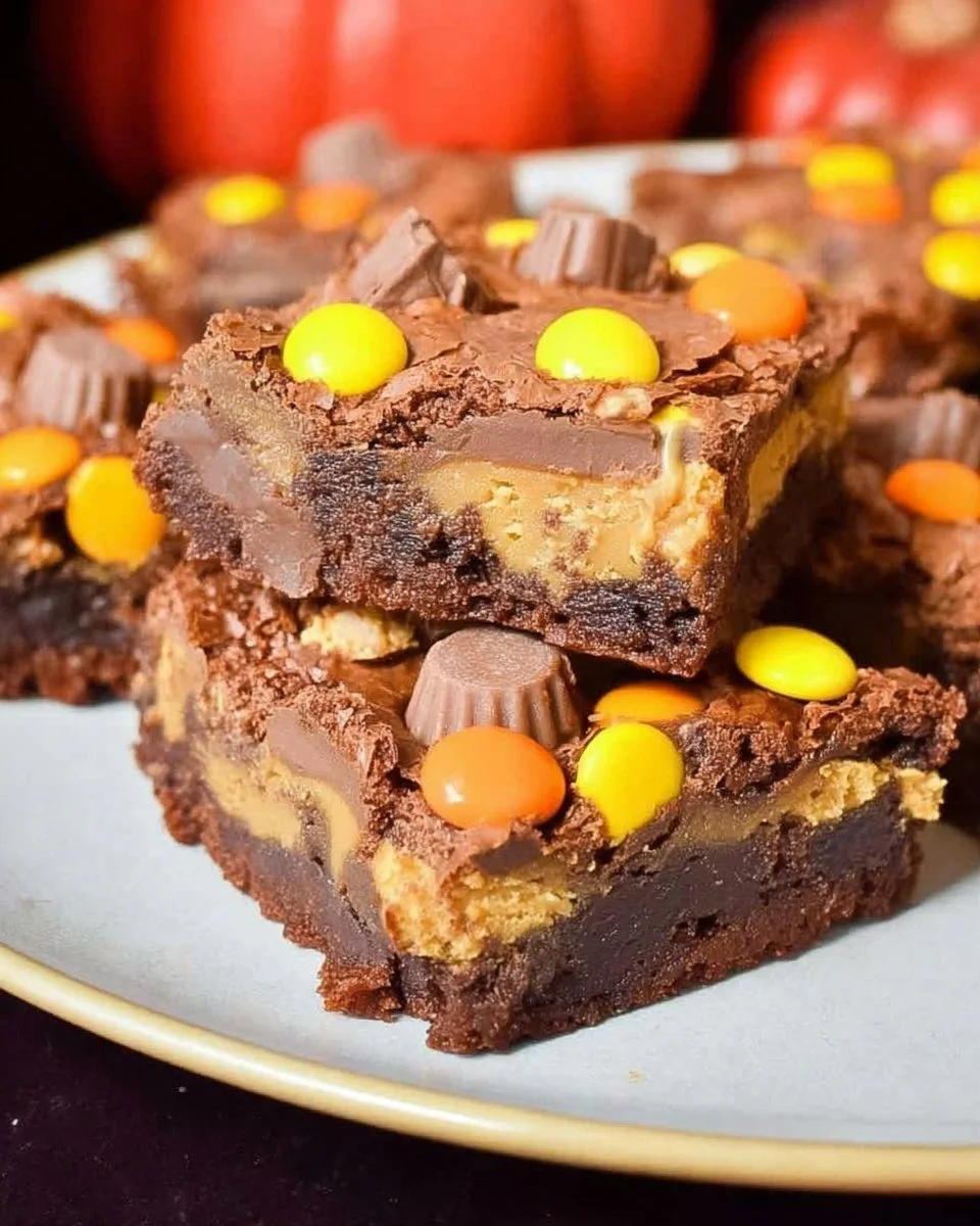 Rich and fudgy loaded peanut butter cup brownies topped with chocolate and peanut butter