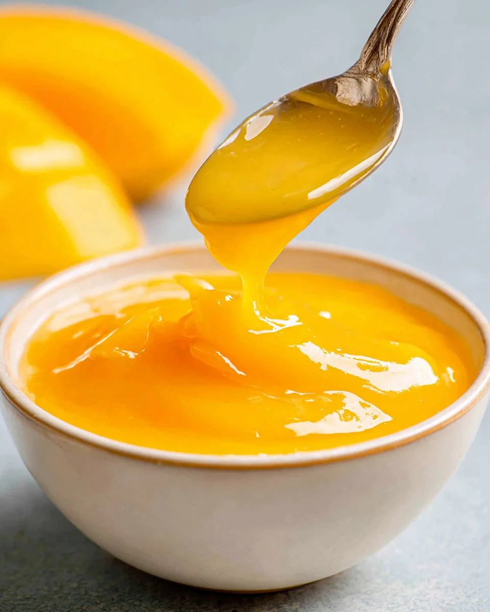 Delicious homemade mango sauce in a bowl with fresh mangoes around it.