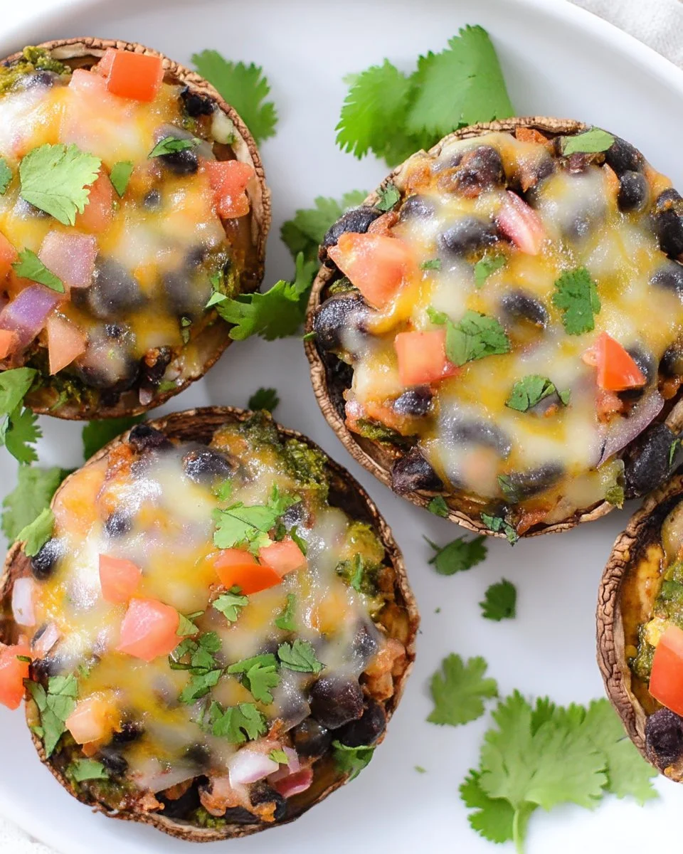 Mexican-inspired stuffed portabella mushrooms filled with flavorful ingredients