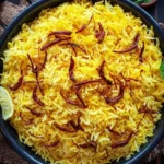 Bowl of Middle Eastern saffron rice made with basmati grains