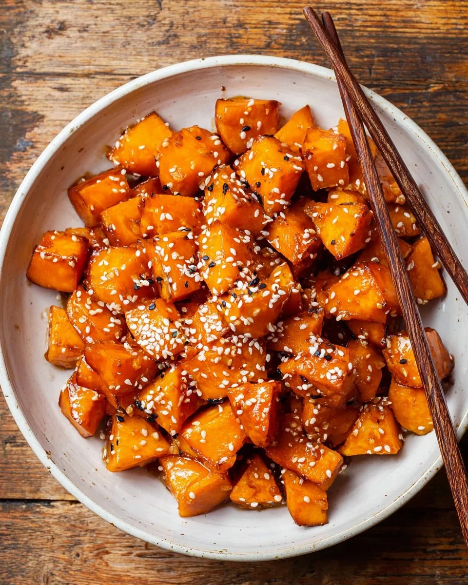 Miso glazed sweet potatoes drizzled with savory sauce