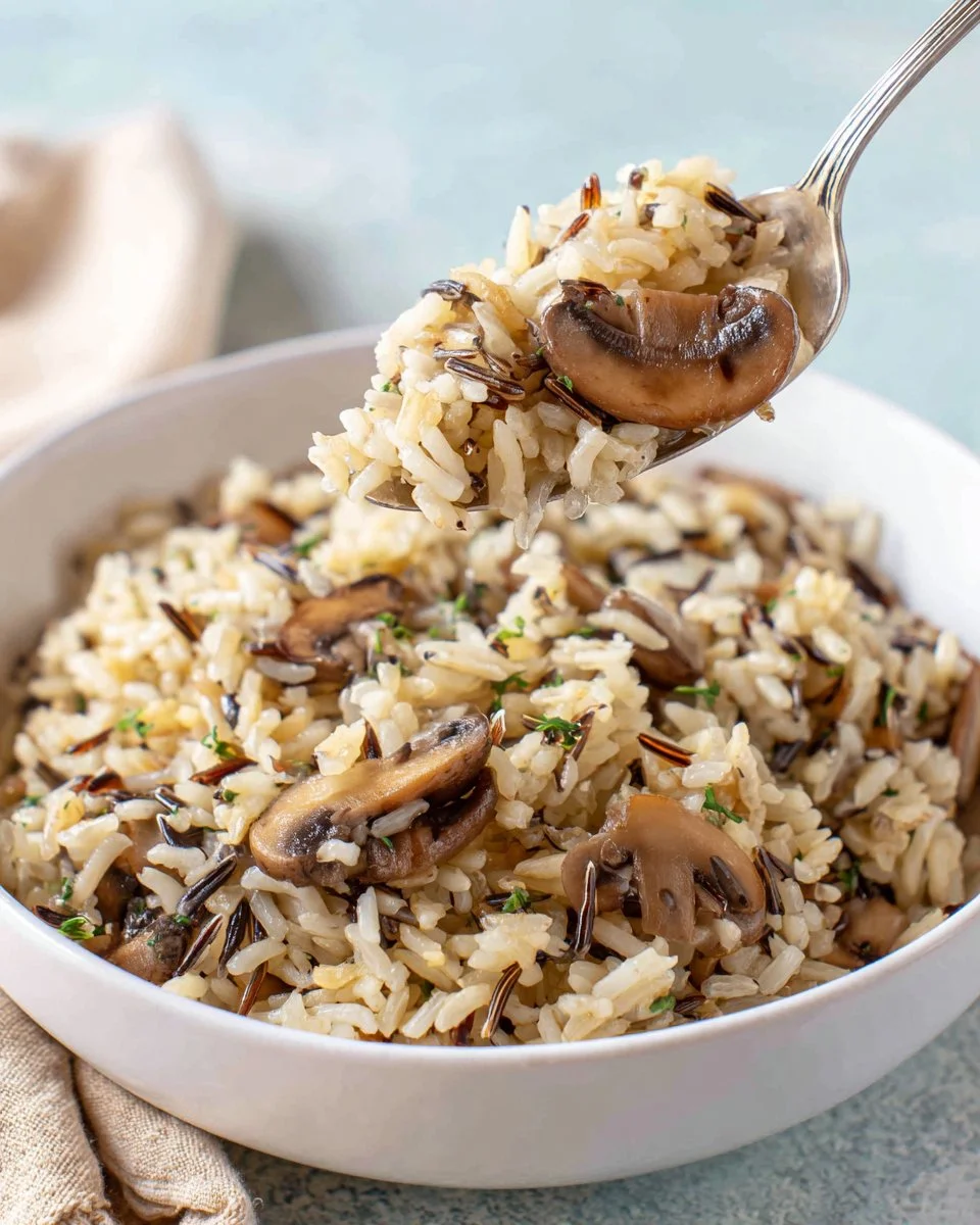 Delicious Mushroom Rice Pilaf served in a bowl with fresh herbs.