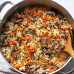 Delicious Mushroom Rice served in a bowl with fresh herbs.