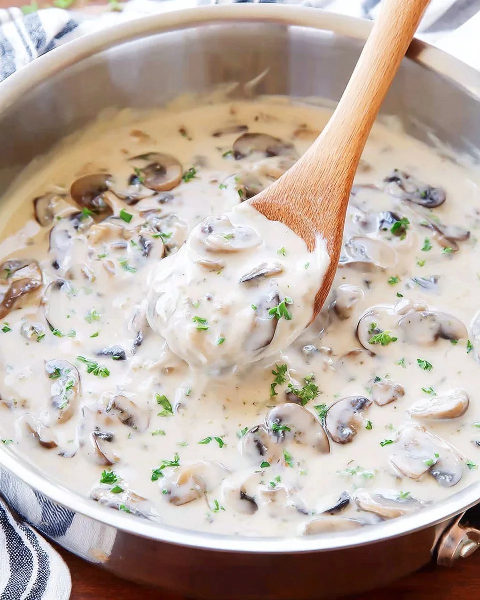 Creamy mushroom sauce poured over pasta, showcasing a fail-proof recipe