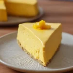 Delicious no-bake mango cheesecake topped with fresh mango slices