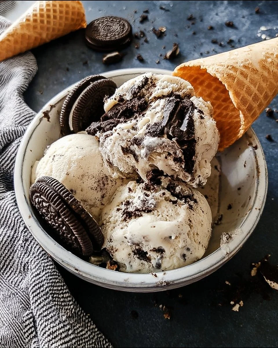 Delicious No Churn Cookies and Cream Ice Cream in a bowl