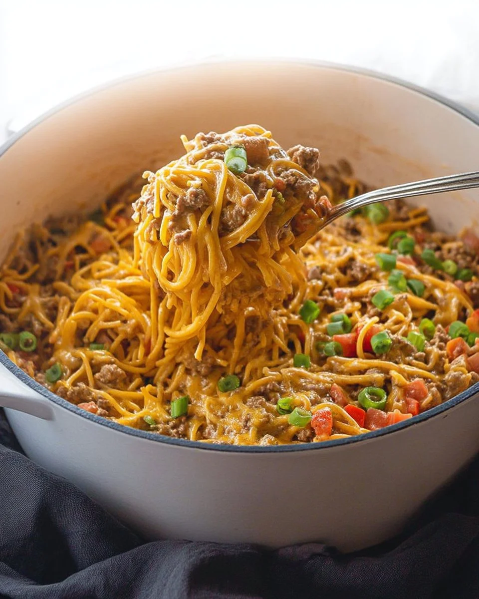 Creamy taco spaghetti in a pot, garnished with cheese and herbs