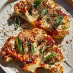Parmesan roasted cauliflower steaks on a plate garnished with herbs