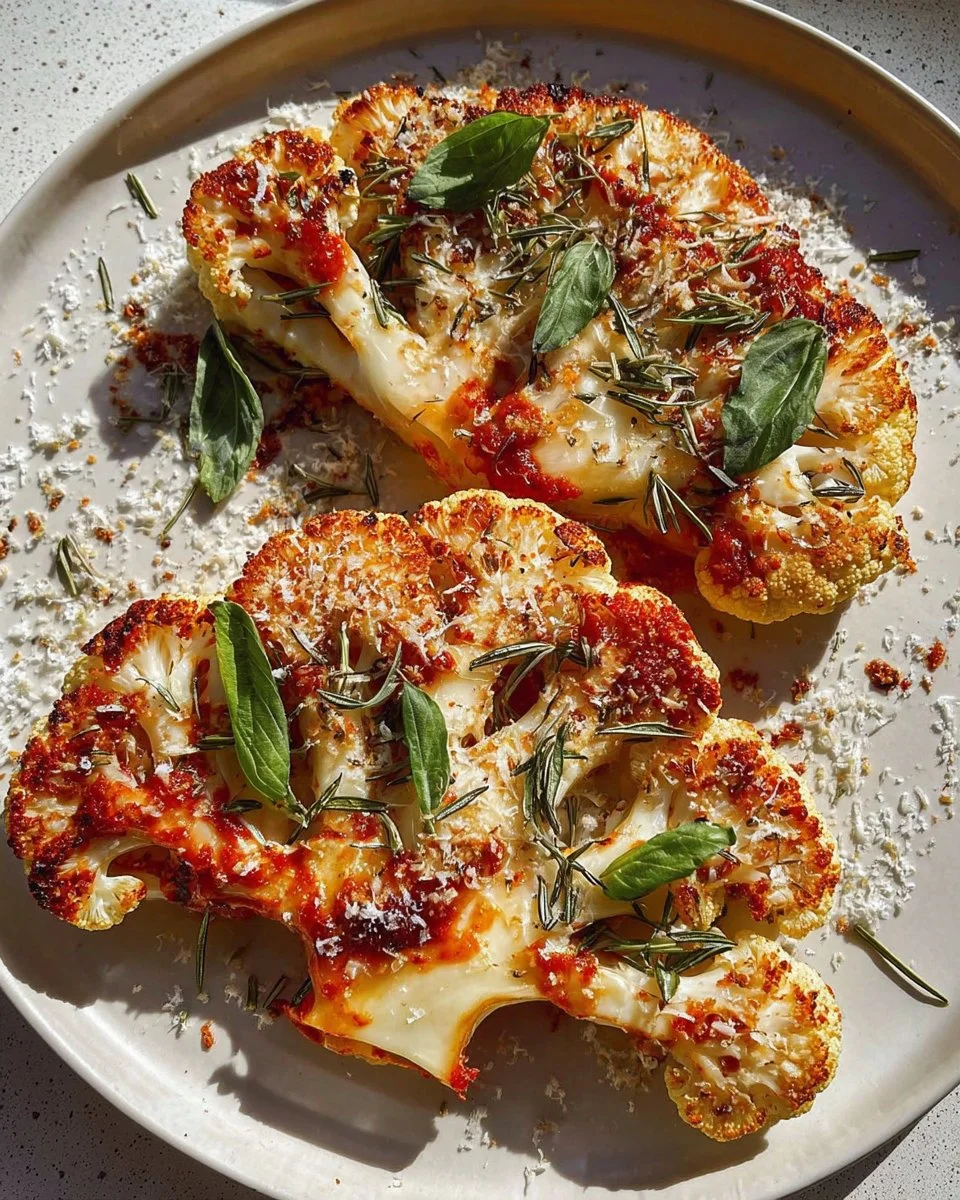 Parmesan roasted cauliflower steaks on a plate garnished with herbs